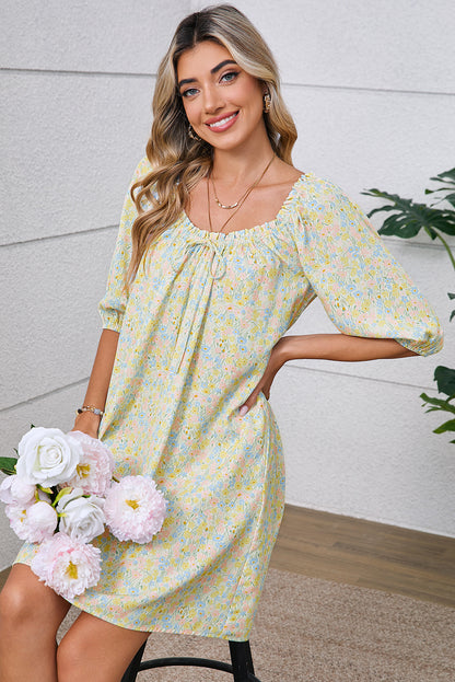 Green Floral Print Tie Neck Puff Sleeve Mini Dress
