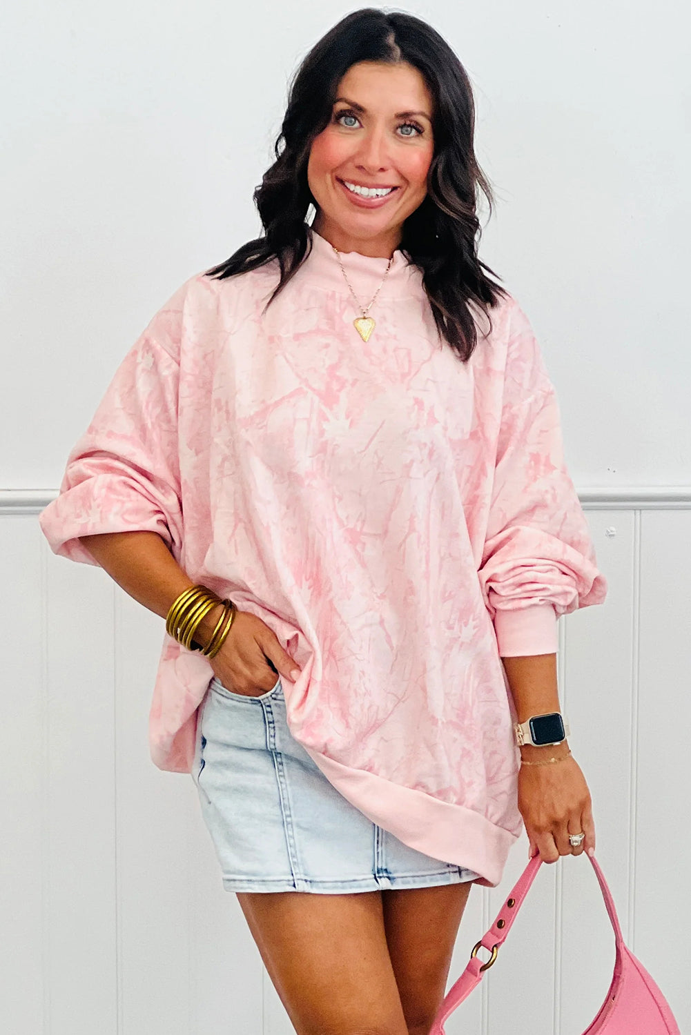 Pink Camo Print Mock Neck Loose Sweatshirt