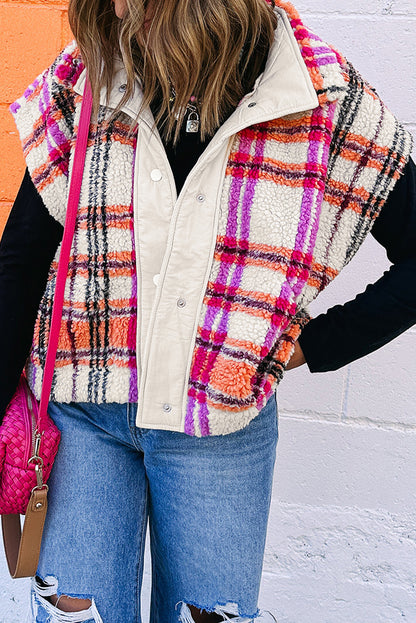 Rose Sherpa Plaid Collared Jacket Vest