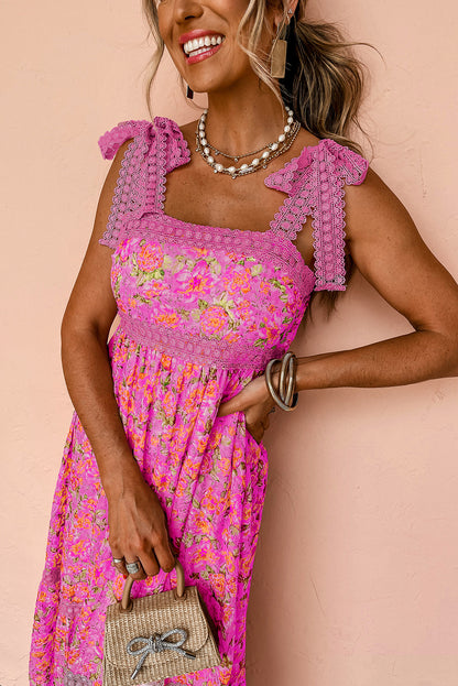 Pink Floral Lace Tied Strap Empire Waist Maxi Dress