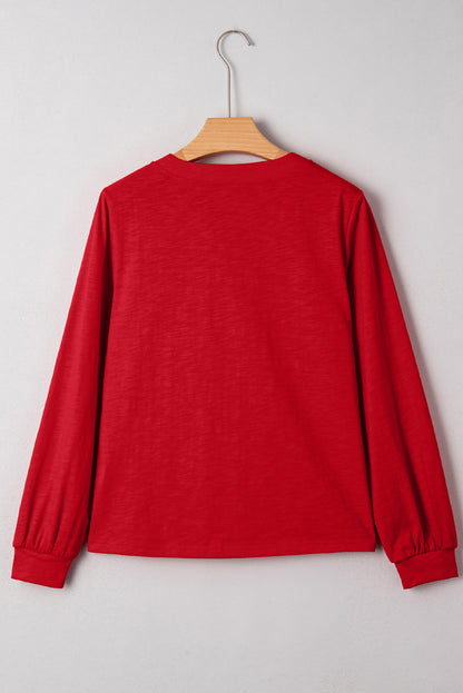 Racing Red Casual Button V Neck Long Sleeve Top