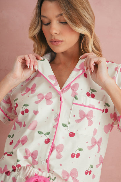 Beige Floral Print Ruffle Hem Shorts Pajama Set
