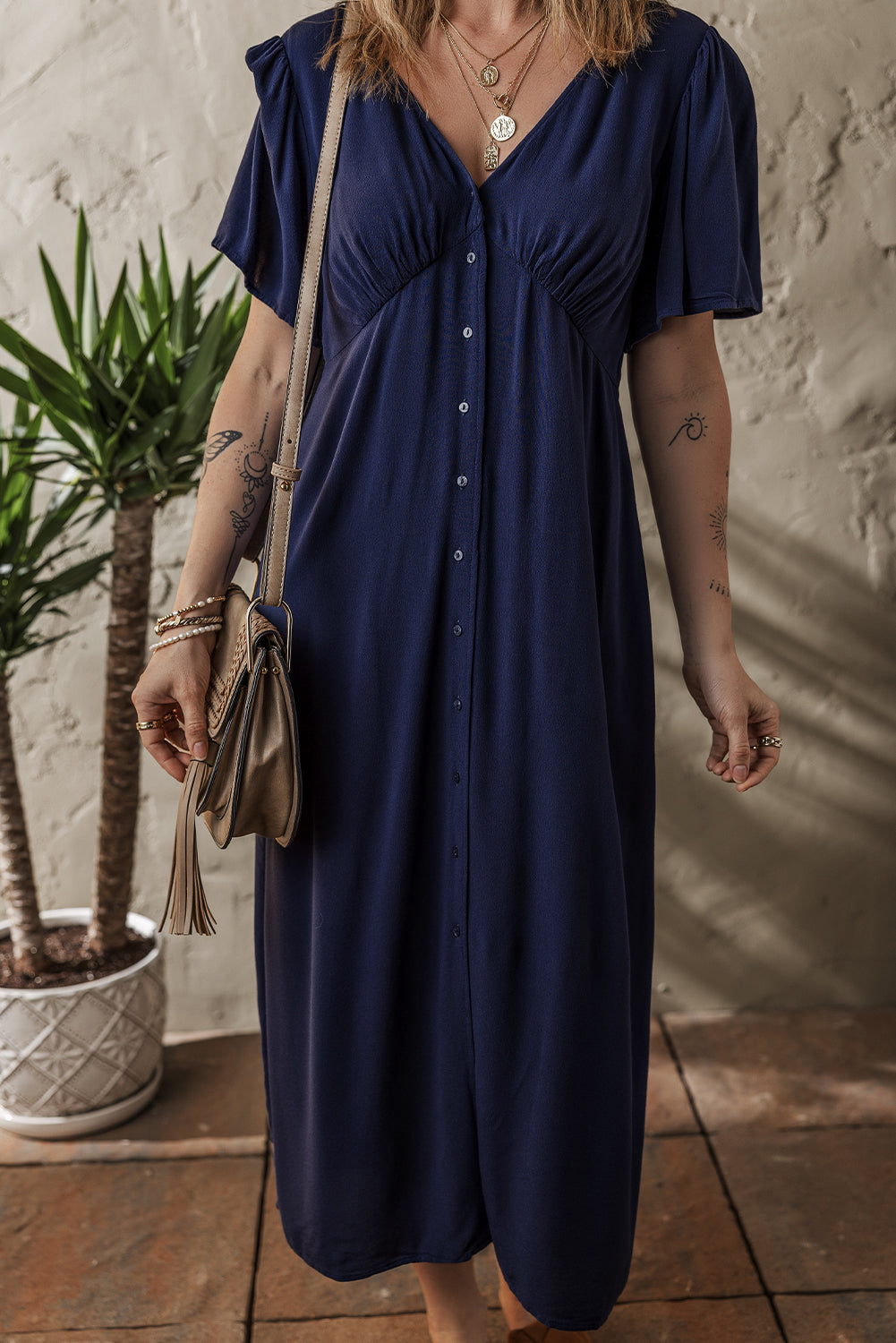 Navy Blue V Neck Buttoned Front Shirred Back Short Sleeve Midi Dress