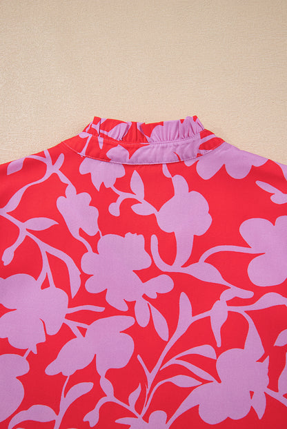 Red Floral 3/4 Sleeve Ruffle Hem Mini Dress