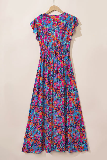 Blue Boho Floral Print V Neck Wrap Split Maxi Dress