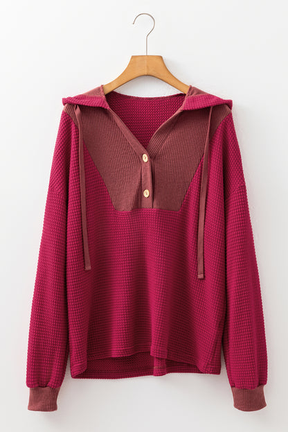 Oatmeal Waffle Patchwork Drop Shoulder Hooded Long Sleeve Top