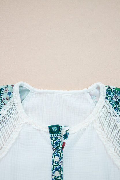 White Plant Mesh Patched Color Block Half Button Blouse