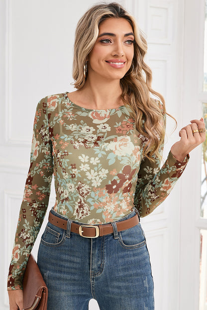Orchid Petal Allover Floral Print Mesh Long Sleeve Top