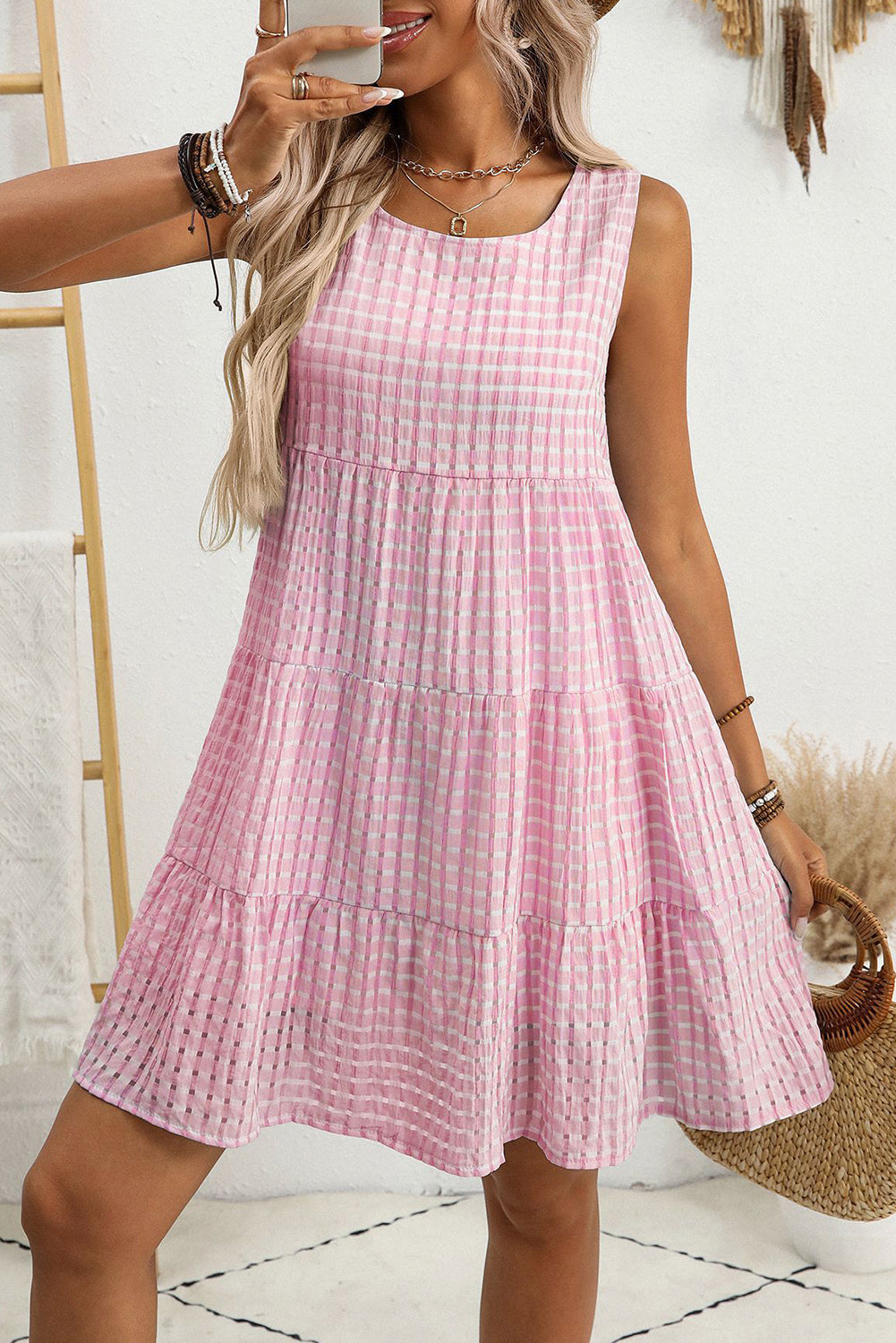 Light Blue Gingham High Waist Sleeveless Mini Dress