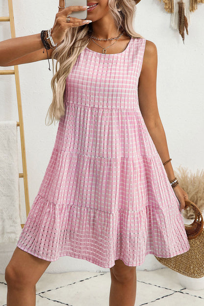 Light Blue Gingham High Waist Sleeveless Mini Dress