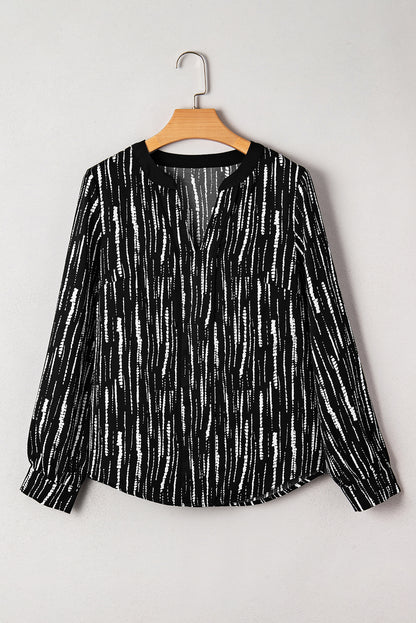 White Abstract Print V-neck Long-sleeve Blouse