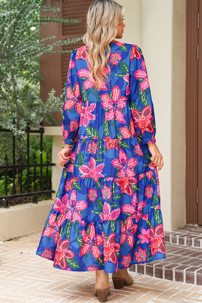 Blue Bohemian Floral Print Three Quarter Sleeve Tiered Maxi Dress