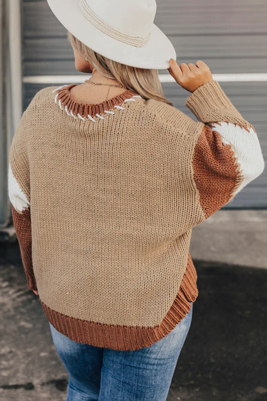 Light French Beige Contrast Stitch Detail Colorblock Knitted Plus Size Sweater