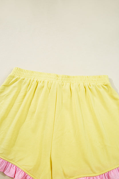 Yellow Ruffle Striped Hem Patchwork Pullover Top and Shorts Plus Size Set