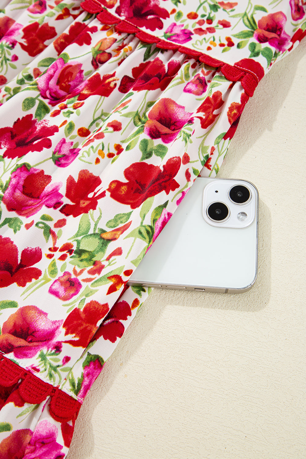 Red Floral Puff Sleeve Tiered Ric Rac Pocketed Mini Dress