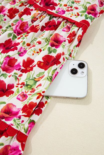 Red Floral Puff Sleeve Tiered Ric Rac Pocketed Mini Dress