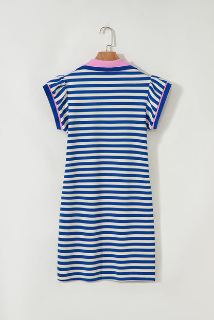 Green Striped Ruffle Short Sleeve Pop of Color Neckline Dress