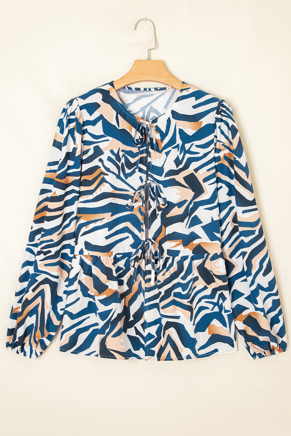Blue Zebra Print Tied Front Puff Sleeve Top