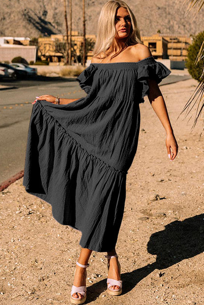 Purple Ruffled Flutter Sleeve Square Neck Textured Tiered Maxi Dress