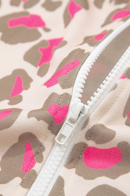 Rose Leopard Print Zip Up Hooded Sweatshirt