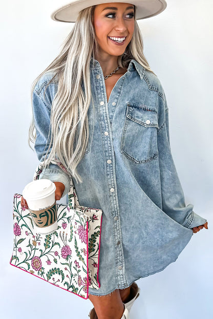 Medium Grey Chest Pocket Raw Hem Denim Loose Shirt Dress