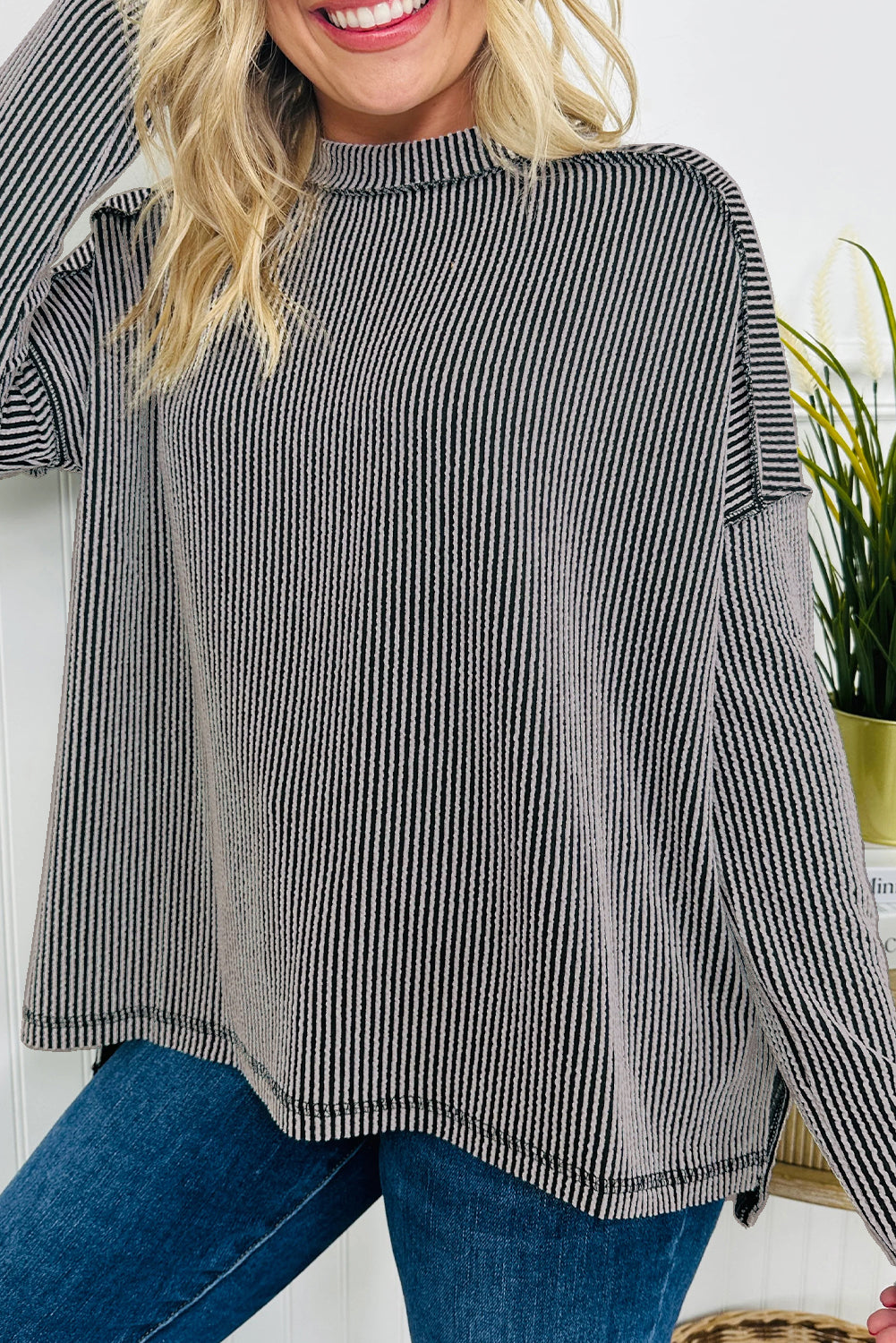 Parchment Twisted Rib Exposed Seam Detail Long Sleeve Loose Top