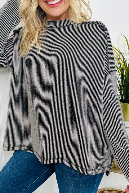 Parchment Twisted Rib Exposed Seam Detail Long Sleeve Loose Top