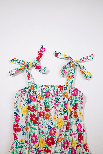 Red Floral Print Knotted Strap Cinched Waist Ruffle Hem Mini Dress