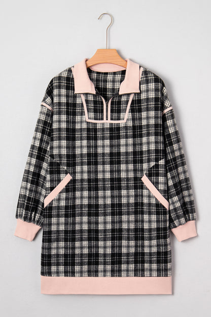 Black Casual Plaid Zipper Long Sleeve Mini Dress