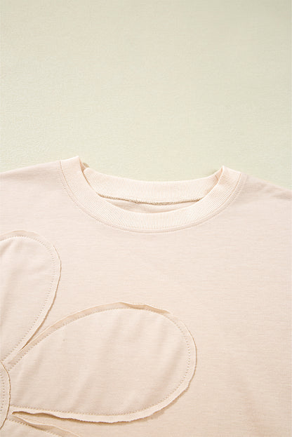 Smoke Green Raw Edge Flower Patch Drop Shoulder Long Sleeve Top