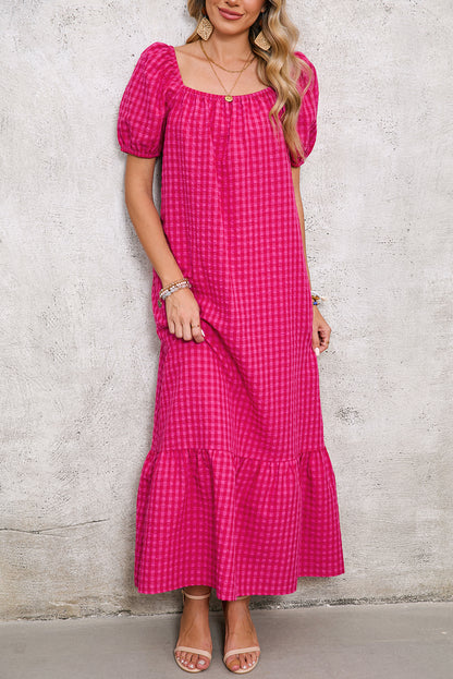Rose Plaid Square Neck Puff Sleeve Maxi Dress