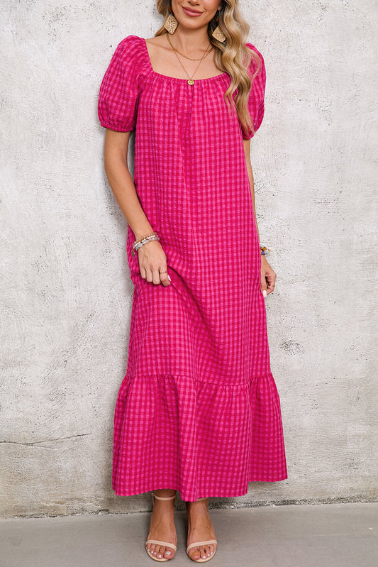 Rose Plaid Square Neck Puff Sleeve Maxi Dress