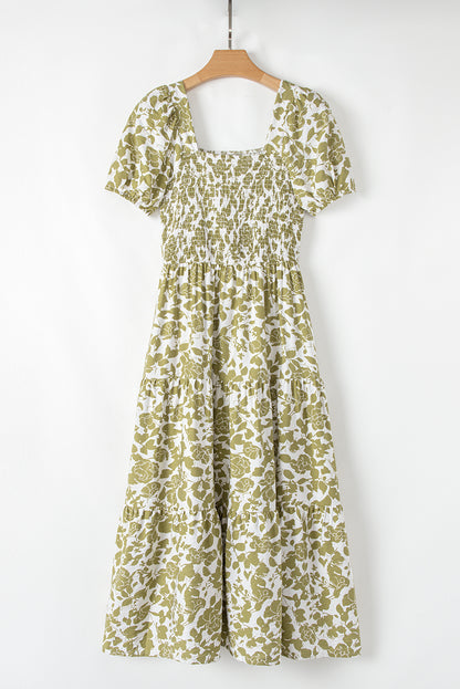 Yellow Boho Floral Print Square Neck Puff Sleeve Tiered Maxi Dress