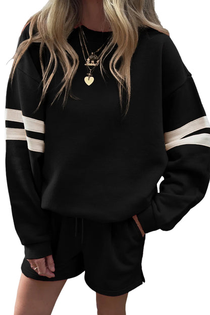 Orange Varsity Striped Sleeve Drop Shoulder Sweatshirt and Shorts Set
