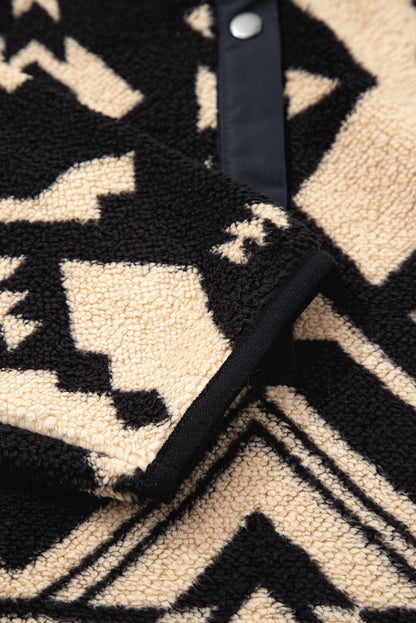 Beige Vintage Geometric Half Zip Plush Sweatshirt