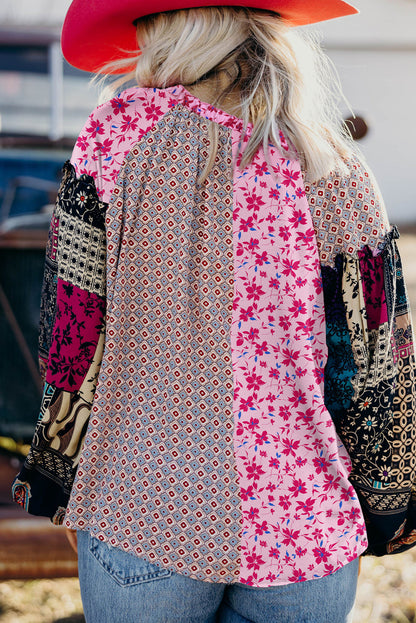 Pink Boho Mixed Floral Patchwork Drop Shoulder Bubble Sleeve Blouse