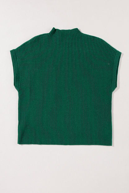 Green Patch Pocket Ribbed Knit Short Sleeve Sweater