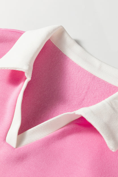 Bonbon Colorblock Polo Collar Floral Patchwork Puff Sleeve Top