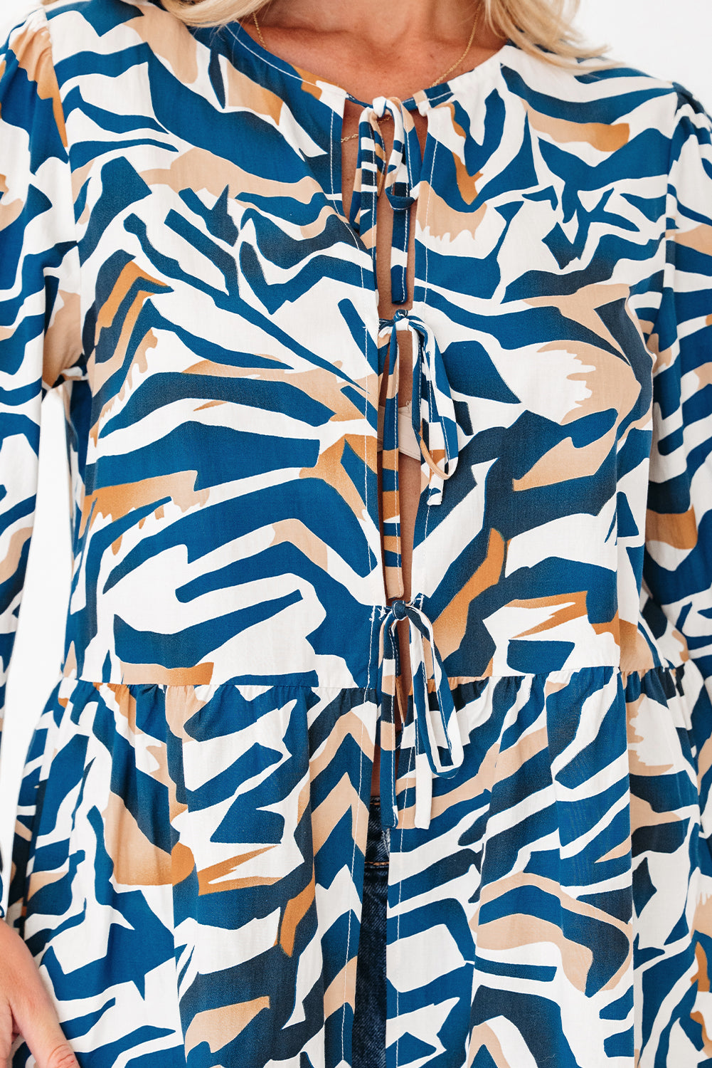 Blue Zebra Print Tied Front Puff Sleeve Top