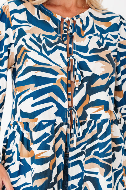 Blue Zebra Print Tied Front Puff Sleeve Top