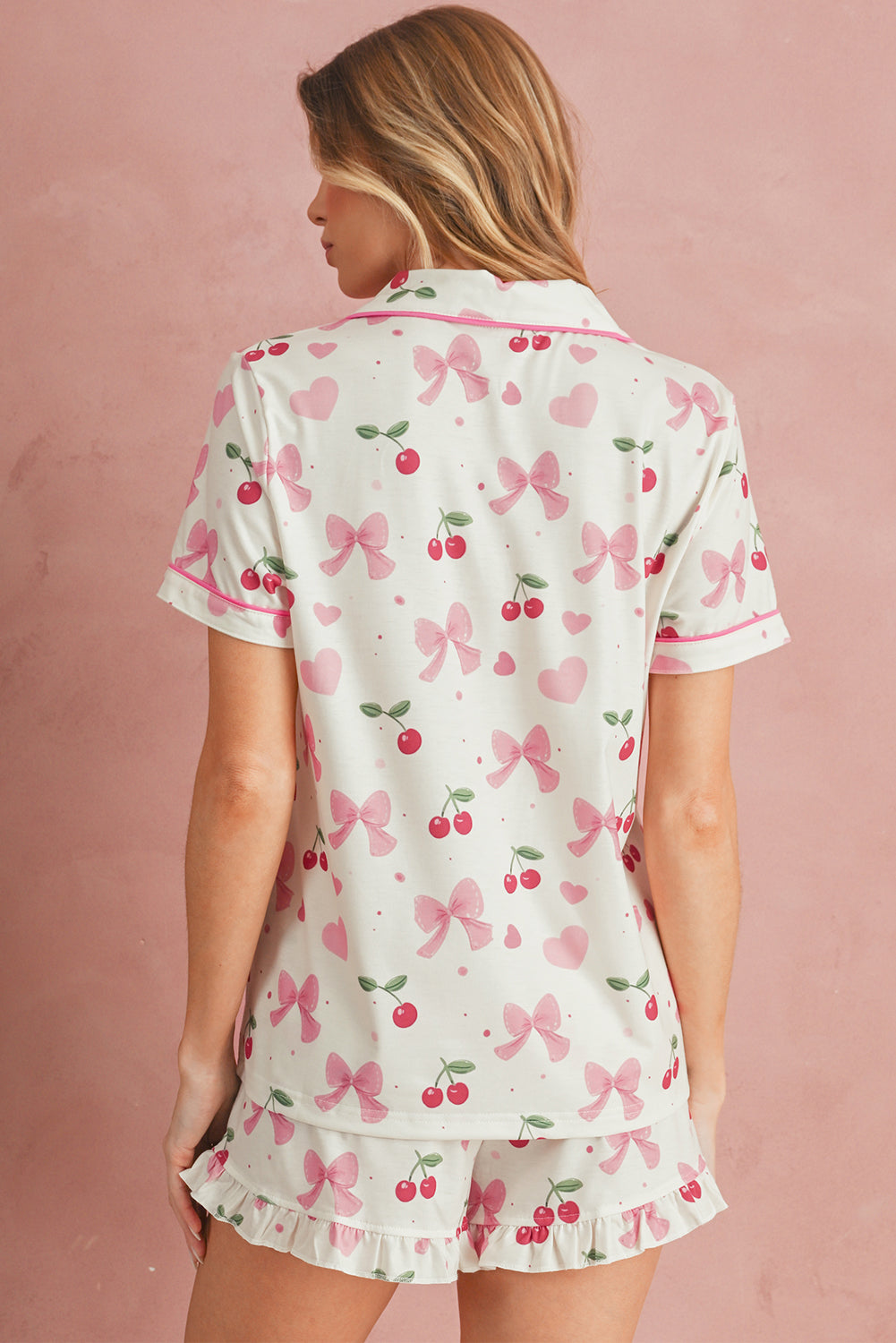 Beige Floral Print Ruffle Hem Shorts Pajama Set