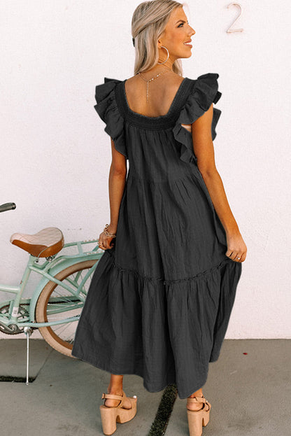 Purple Ruffled Flutter Sleeve Square Neck Textured Tiered Maxi Dress