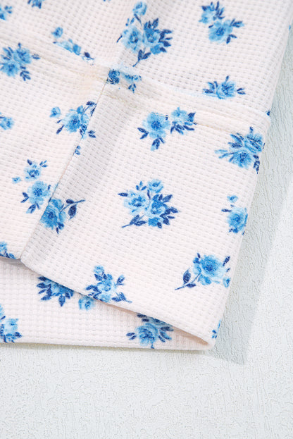 Beige Floral Print Waffle Patchwork Balloon Sleeve V Neck Oversized Top