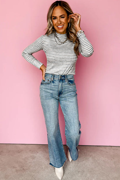 Gray Stripe Ribbed High Neck Slim Fit Long Sleeve Top