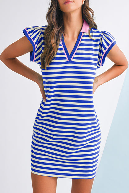 Green Striped Ruffle Short Sleeve Pop of Color Neckline Dress