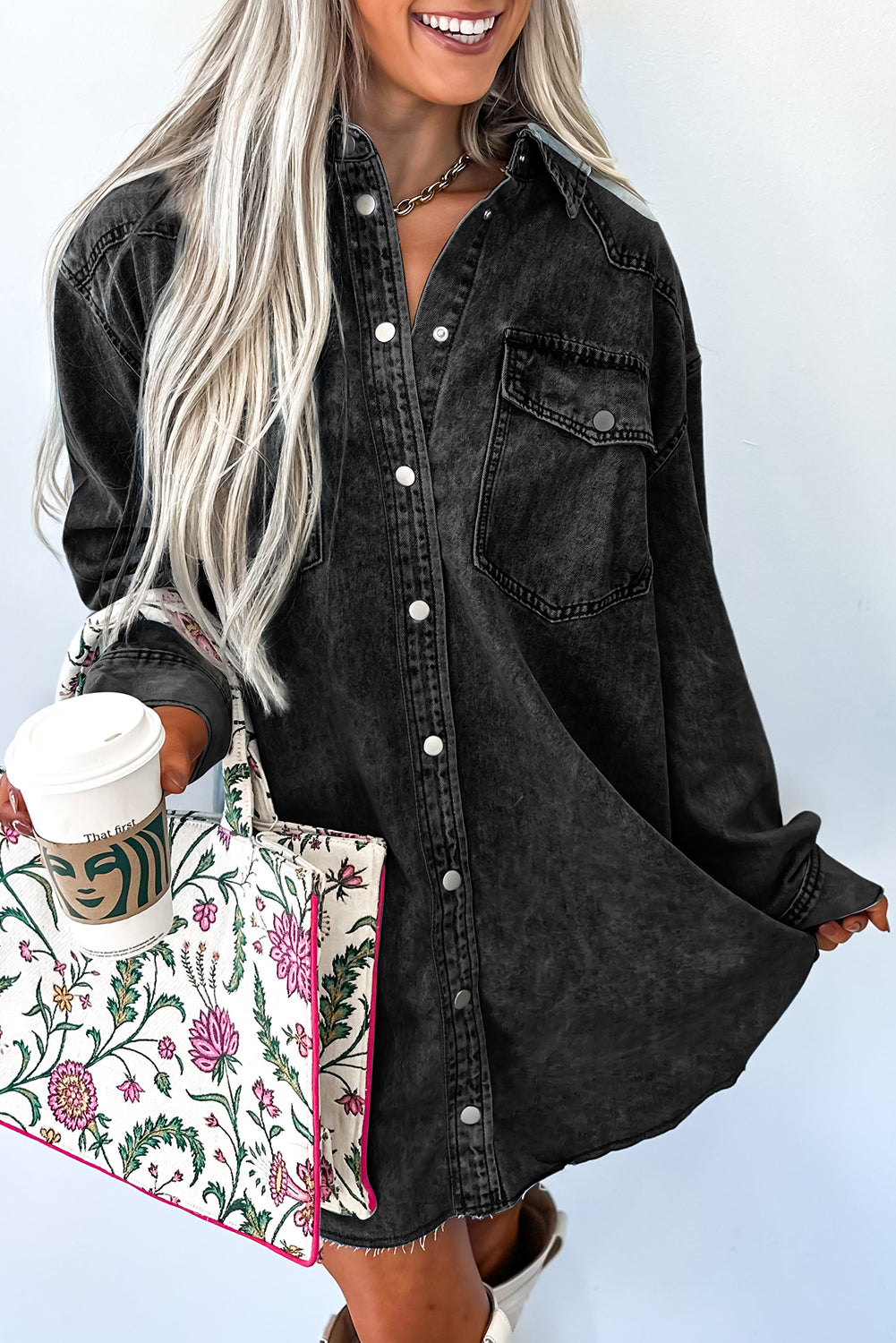 Medium Grey Chest Pocket Raw Hem Denim Loose Shirt Dress